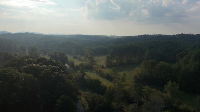 Aerial moody morning over countryside in North Georgia Mountains