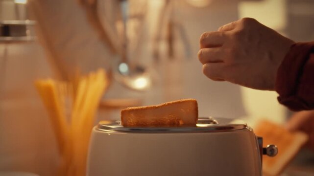 Hands place slices of bread into a toaster in a warm kitchen. The scene captures a moment of meal preparation in the evening. Surrounding elements create a homely atmosphere
