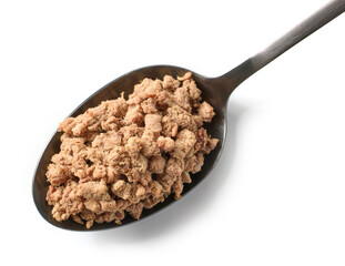 spoon of prepared minced ground beef meat isolated on white background