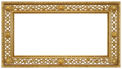 An antique gold picture frame with intricate floral and scrollwork details, creating a vintage and elegant aesthetic isolated on transparent background