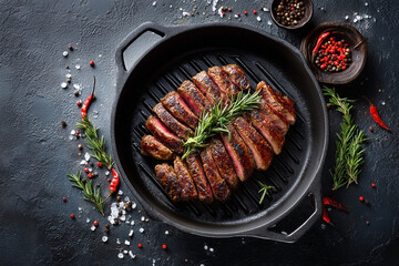 Sliced steak in cast iron skillet, garnished with rosemary and pepper