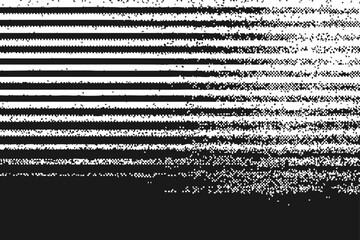 Black and white glitch vector with horizontal stripes and static distortion. Ideal for digital noise, cyberpunk, and abstract tech designs.