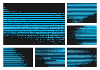 Abstract vector set with neon blue glitch stripes on black. Distorted noisy textures for bold modern backgrounds, posters, banners, and creative digital design projects.