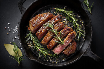 Sliced steak in cast iron pan, seasoned with rosemary