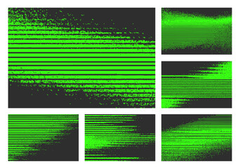 Abstract vector set with neon green glitch stripes on black. Distorted noisy textures create bold modern backgrounds for posters, banners, and digital design projects.