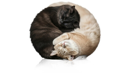 Two cats black and white curled in yin yang symbol on white background.