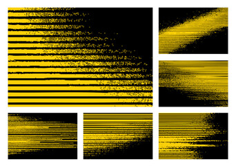 Abstract vector background set with bold yellow stripes and rough textured effects on black. Modern design for posters, banners, and creative projects.