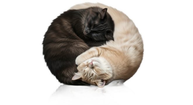Two cats black and white curled in yin yang symbol on white background.