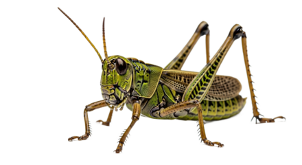 Green grasshopper insect isolated on white background with detailed textures.