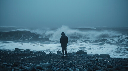 A solitary figure faces a stormy ocean