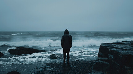 Solitary figure facing stormy sea
