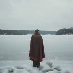 Person wrapped in blanket, snowy lake