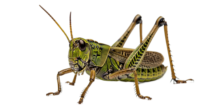 Green grasshopper insect isolated on white background with detailed textures.