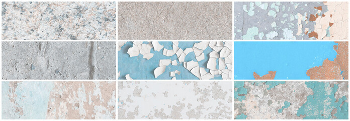 Set of panoramic background textures. Collection of wide textures with peeling paint, cracks, rust,...