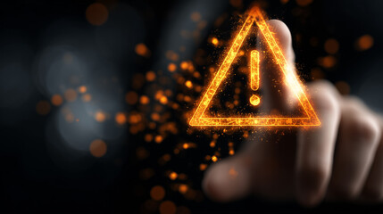 System warning alert on virtual interface with hand interaction. Concept of cybersecurity risk, data breach, malware. orange style