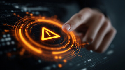 System warning alert on virtual interface with hand interaction. Concept of cybersecurity risk, data breach, malware. orange style