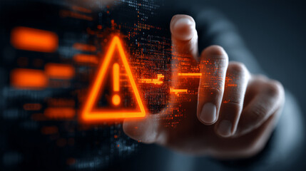System warning alert on virtual interface with hand interaction. Concept of cybersecurity risk, data breach, malware. orange style
