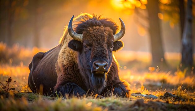 Bison resting in golden sunlight - Powered by Adobe