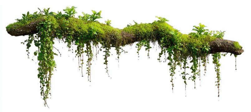 Mossy log with vibrant green vines and plants hanging down against a white background