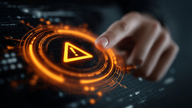 System warning alert on virtual interface with hand interaction. Concept of cybersecurity risk, data breach, malware. orange style