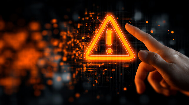 System warning alert on virtual interface with hand interaction. Concept of cybersecurity risk, data breach, malware. orange style - Powered by Adobe