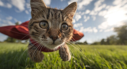 Cat superhero leaps through grassy field