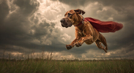 Dog superhero in flight, red cape, dramatic sky