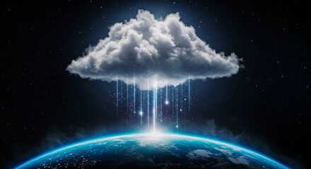 Futuristic Cloud Computing Concept with Earth and Data Beams from Space