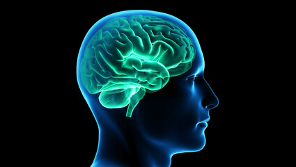 Obraz premium Glowing green brain within blue human head profile image
