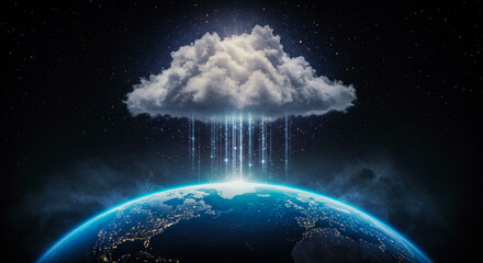 Futuristic Cloud Computing Concept with Earth and Data Beams from Space