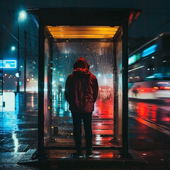 A lone figure in a rain-slicked city bus shelter at night