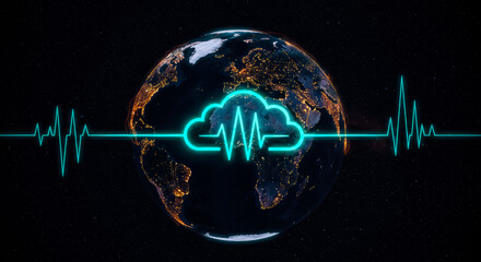 Glowing Earth with Cyan Cloud Icon and Heartbeat Waveform Representing Global Data Flow