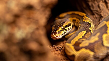 Fototapeta premium Closeup of a ball pythons head and coiled body emerging from a dark crevice