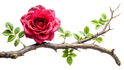 A captivating red rose on a branch, isolated on transparent background, its velvety petals and verdant leaves creating a striking contrast against the pristine backdrop
