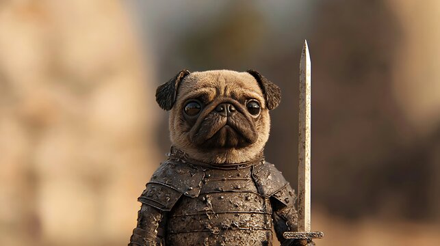A brave pug knight in full armor stands ready for battle with a sword