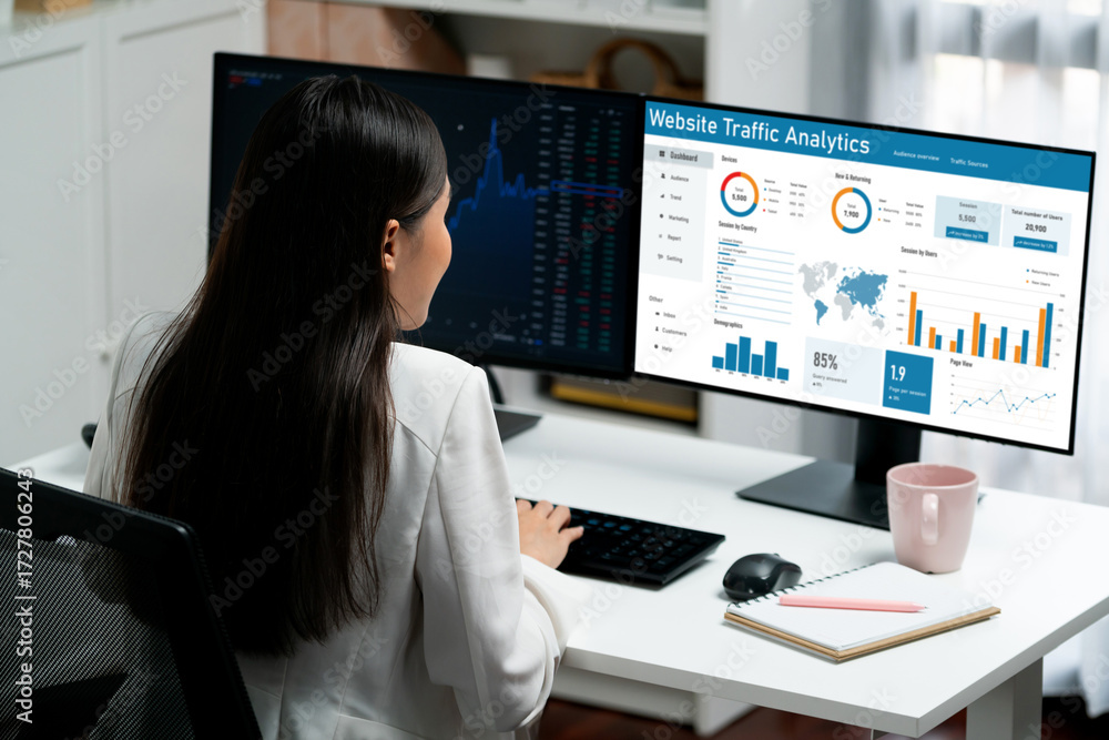 Poster computer software for website traffic analytics data on computer screen. concept of seo search engin