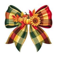 Autumn Plaid Ribbon Bow with Pumpkin and Sunflower – Fall Harvest Thanksgiving Decoration PNG