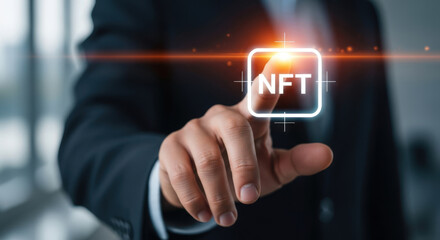 Businessman Touching NFT Digital Art Icon on Screen.
