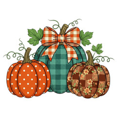 Farmhouse Country Pumpkins with Plaid Bow – Rustic Autumn Thanksgiving Harvest Decoration PNG