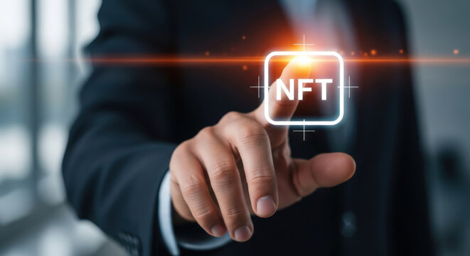 Businessman Touching NFT Digital Art Icon on Screen.