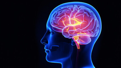 Glowing human brain with neural pathways head profile