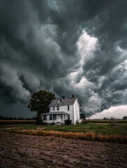 Fototapeta premium Dramatic Storm Clouds Loom Over a Classic Farmhouse in Rural Landscape During Late Afternoon