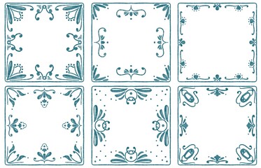 six tiles with blue watercolor patterns