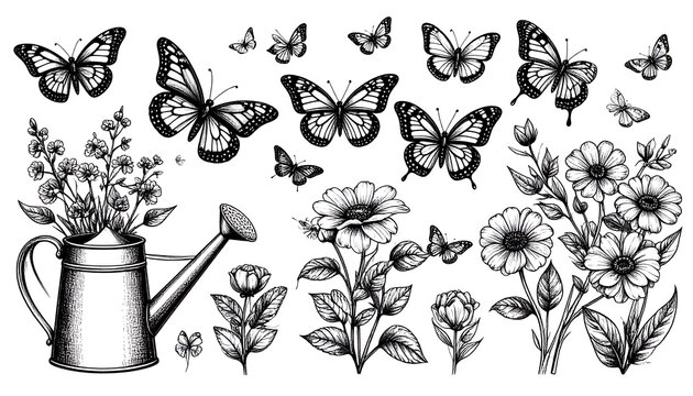 Black and white floral and butterfly design