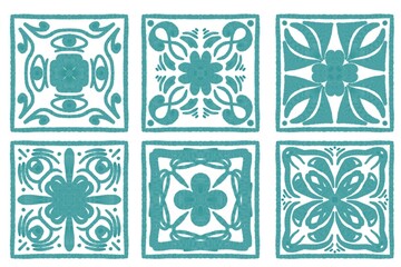 six tiles with blue watercolor patterns