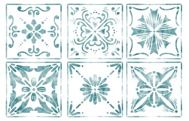 six tiles with blue watercolor patterns