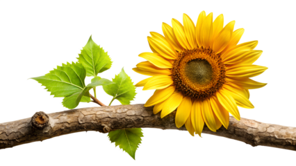 A radiant sunflower isolated on transparent background, its golden petals embracing a rustic branch, symbolizing warmth, joy, and the enduring beauty of natures embrace