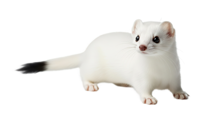 White stoat with black tail tip isolated on white background looking right.