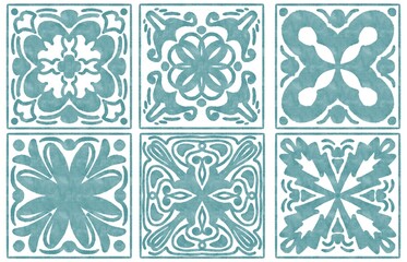 six tiles with blue watercolor patterns