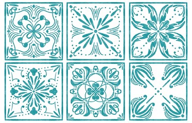 six tiles with blue watercolor patterns